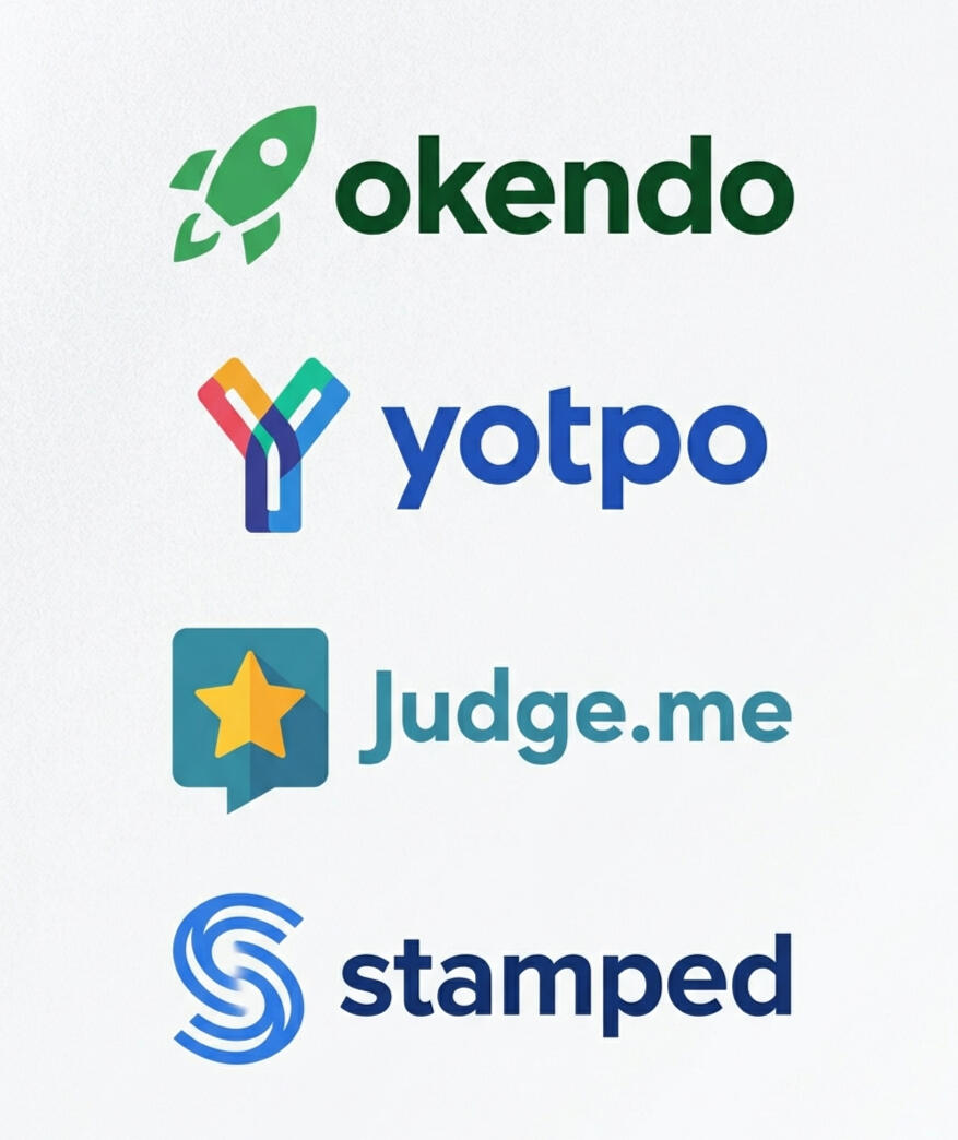 Top E-commerce Review Platform Integrations Logos of Okendo, Yotpo, Judge.me, and Stamped review apps